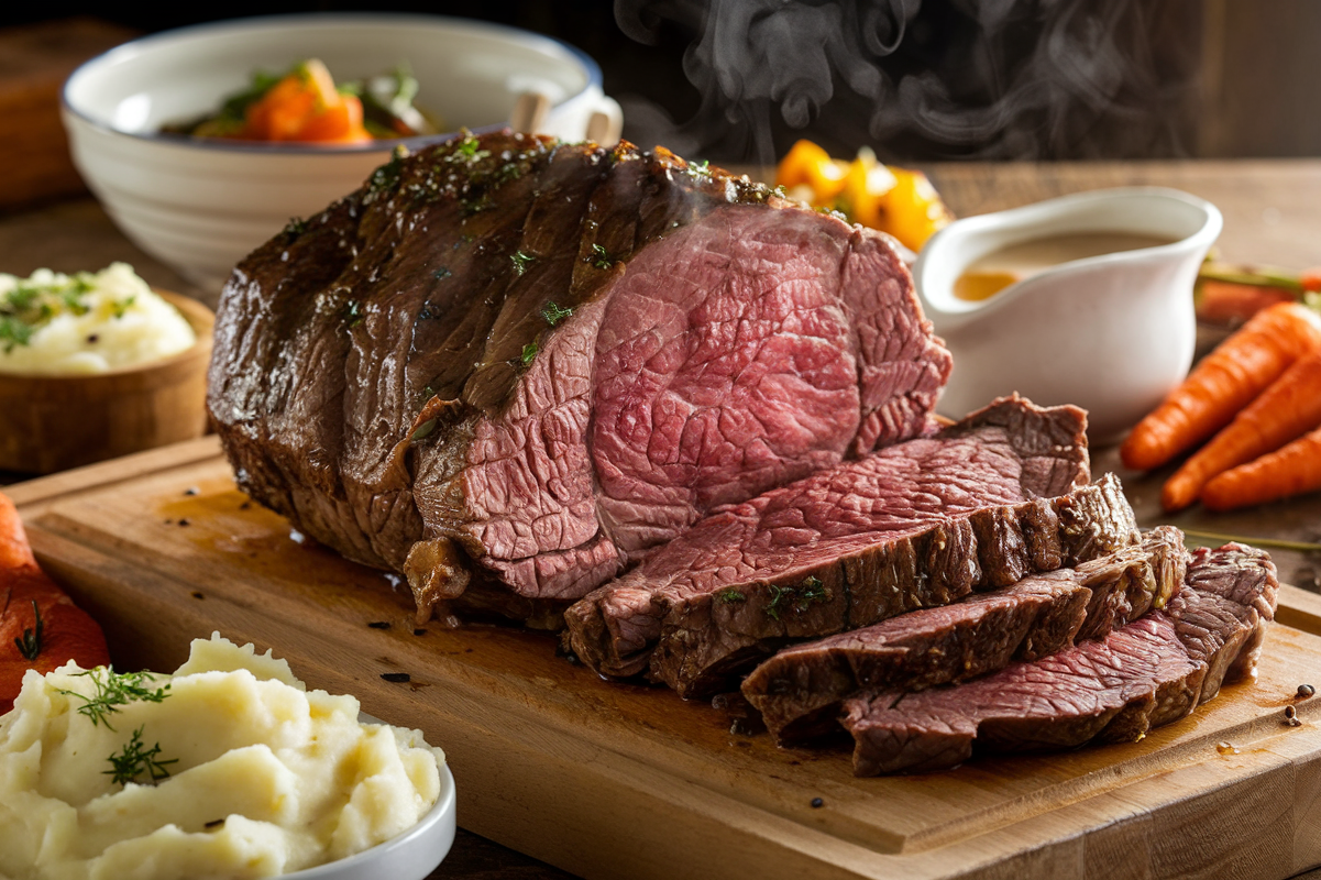 Juicy, sliced beef chuck roast on a wooden cutting board, surrounded by mashed potatoes, roasted carrots, and a gravy boat.