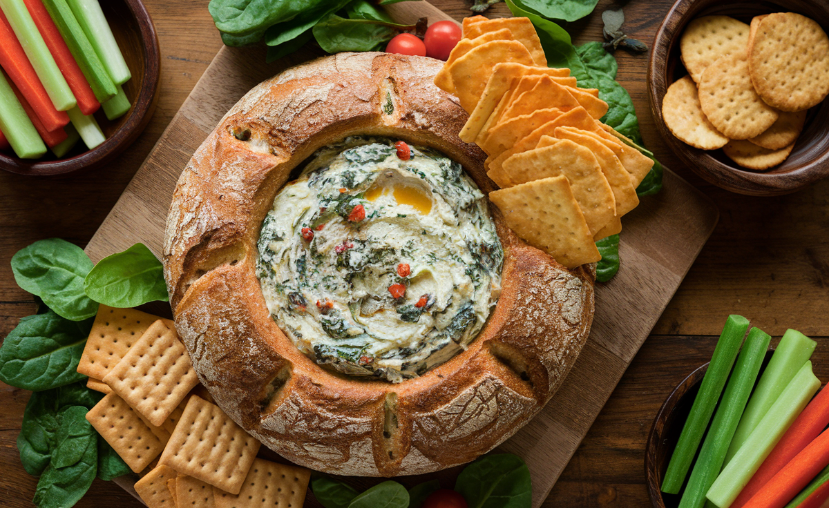 Top-down view of a creamy spinach dip in a bread bowl with vegetables, crackers, and chips.