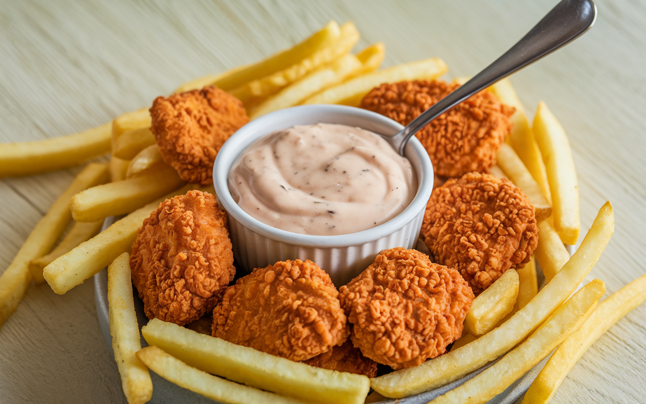 Homemade Chick-fil-A sauce in a bowl surrounded by chicken nuggets and French fries on a wooden table