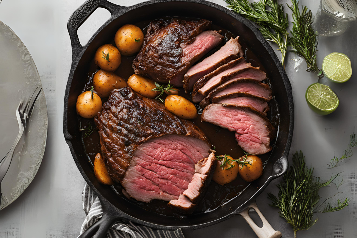 Juicy, perfectly cooked chuck roast with a golden-brown crust, surrounded by icons of a Dutch oven, slow cooker, and oven, highlighting the best cooking methods.