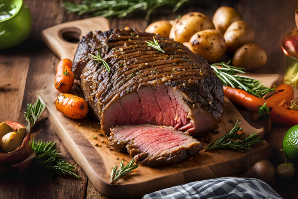 Beautifully cooked chuck roast with a golden-brown crust, partially sliced to reveal a juicy interior, surrounded by roasted carrots, potatoes, and fresh rosemary on a wooden cutting board