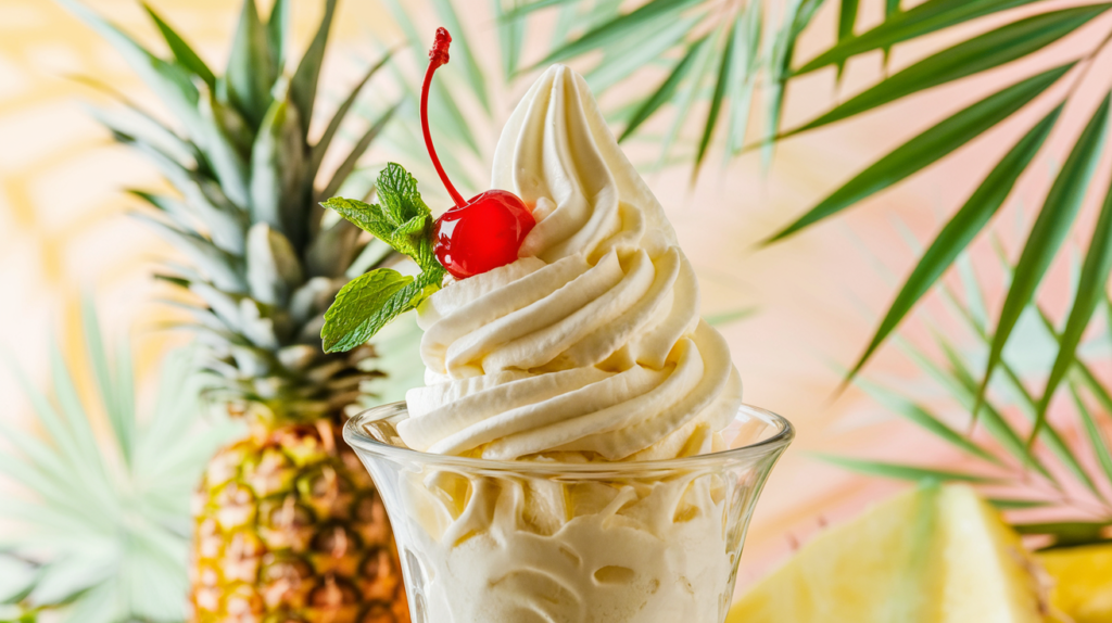 Classic homemade Dole Whip swirl served in a clear dessert cup with a maraschino cherry and mint garnish.