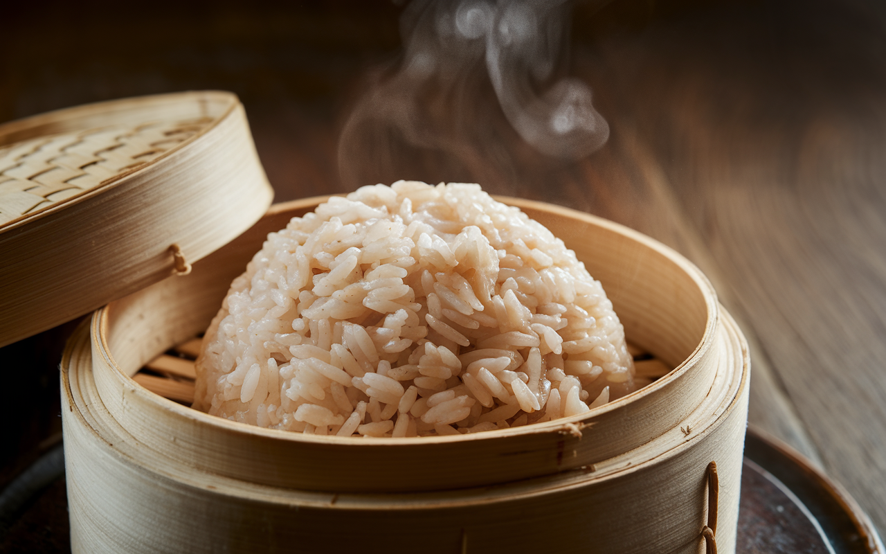 How to make sticky rice step-by-step, featuring perfectly steamed sticky rice in a bamboo basket