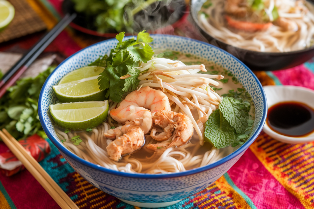 A steaming bowl of rice noodle soup garnished with cilantro, mint, lime, bean sprouts, and chicken, with chopsticks and soy sauce on the side.