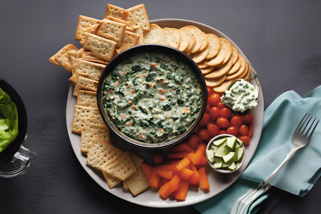 bowl of creamy Knorr spinach dip surrounded by bread slices, crackers, and fresh vegetables