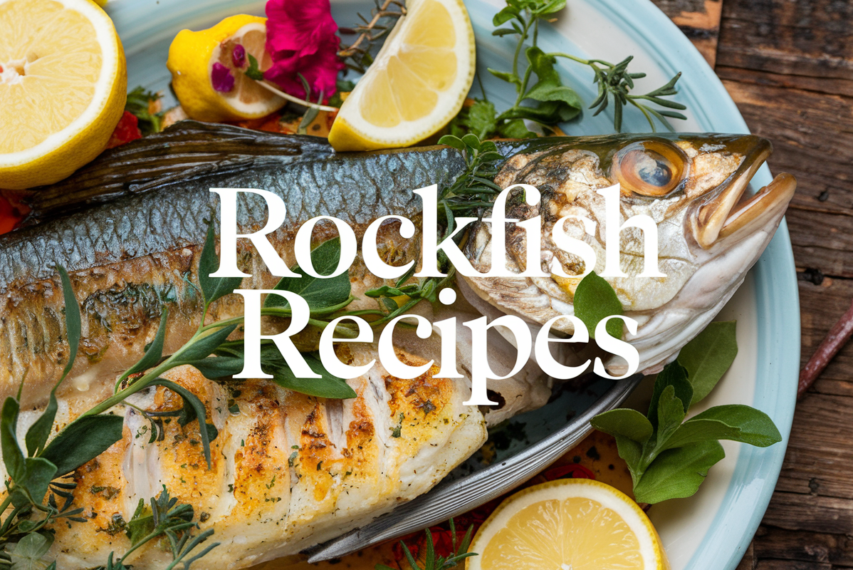 A beautifully plated rockfish dish garnished with lemon slices and fresh herbs on a rustic wooden background.