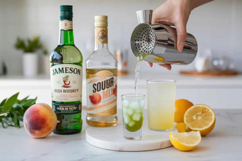 Ingredients for a classic green tea shot—Jameson Irish Whiskey, peach schnapps, sour mix, and lemon-lime soda—arranged on a kitchen counter, with a cocktail shaker and a hand pouring the mixed shot into a glass.