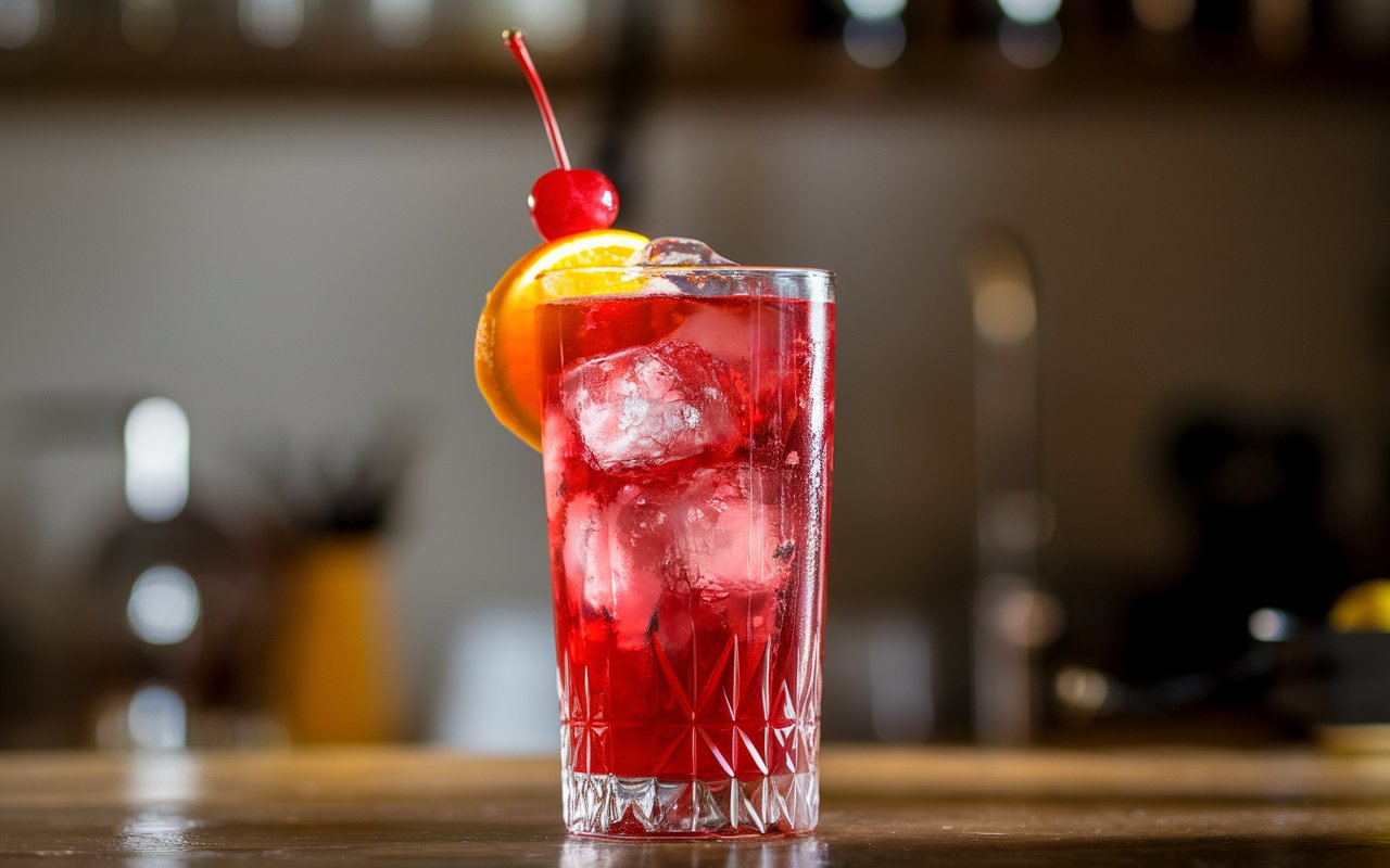 A refreshing Shirley Temple drink with grenadine, ginger ale, and a maraschino cherry, served in a tall glass over ice.