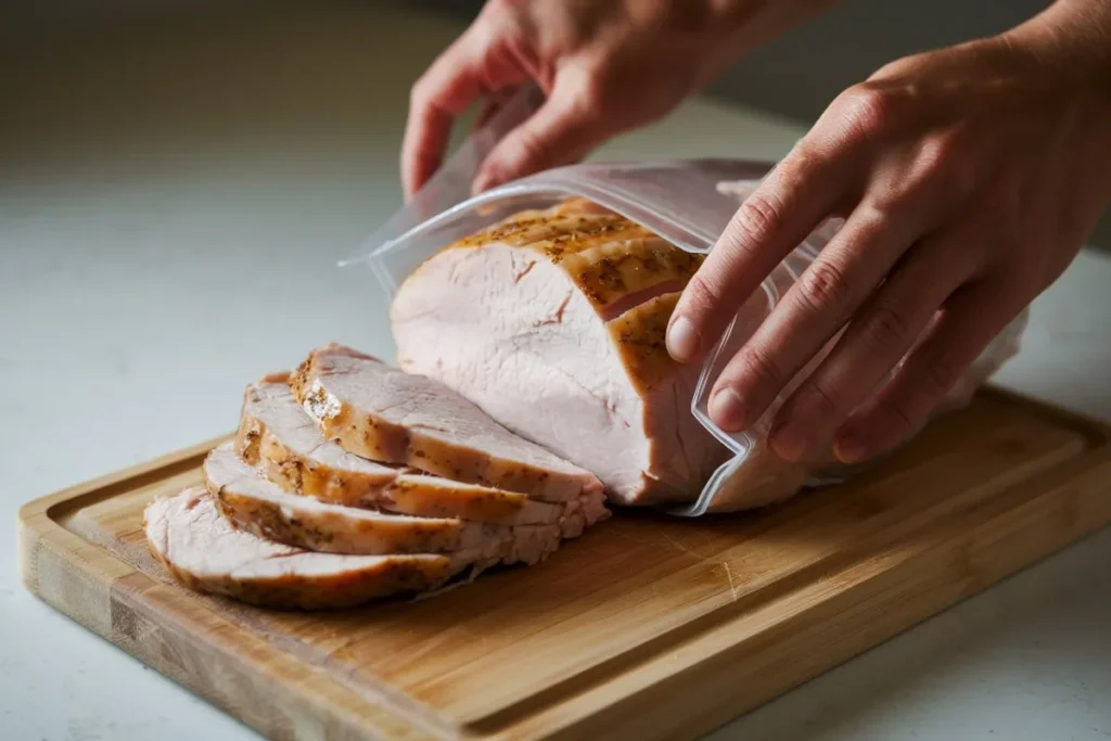 Close-up of sliced cooked turkey breast being wrapped in a freezer bag on a wooden cutting board.