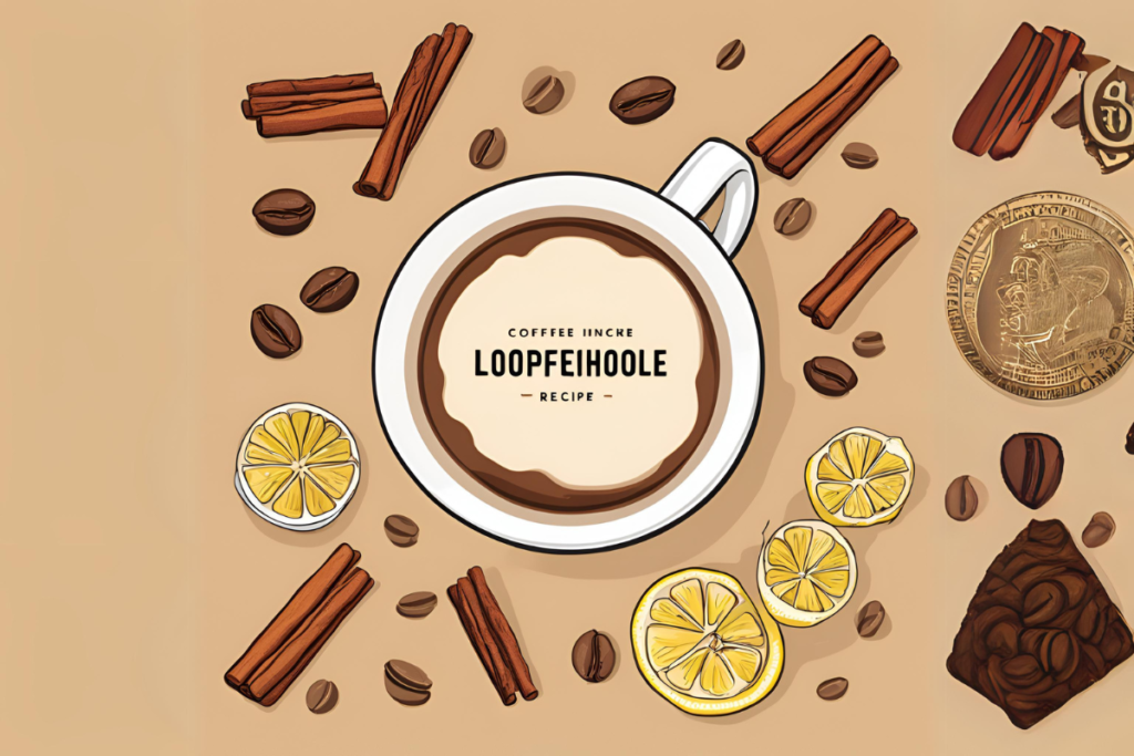 Coffee cup with lemon and cinnamon sticks on a clean background, titled 'Coffee Loophole Recipe