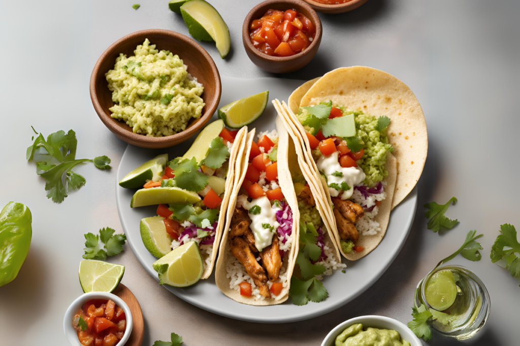 Chicken tacos served with Mexican rice and guacamole, illustrating what goes well with chicken tacos.