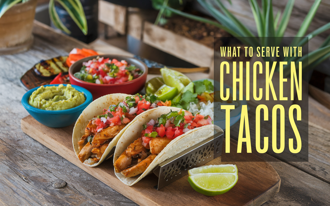 Colorful chicken tacos with guacamole, pico de gallo, and grilled vegetables on a rustic wooden table.