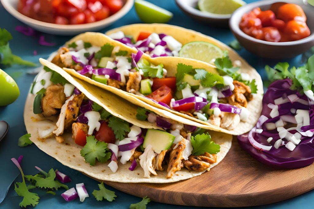 Close-up of chicken tacos with fresh toppings like pico de gallo, avocado, cilantro, and lime wedges, with text overlay reading 'Best Chicken Tacos Recipe: Easy & Flavorful.