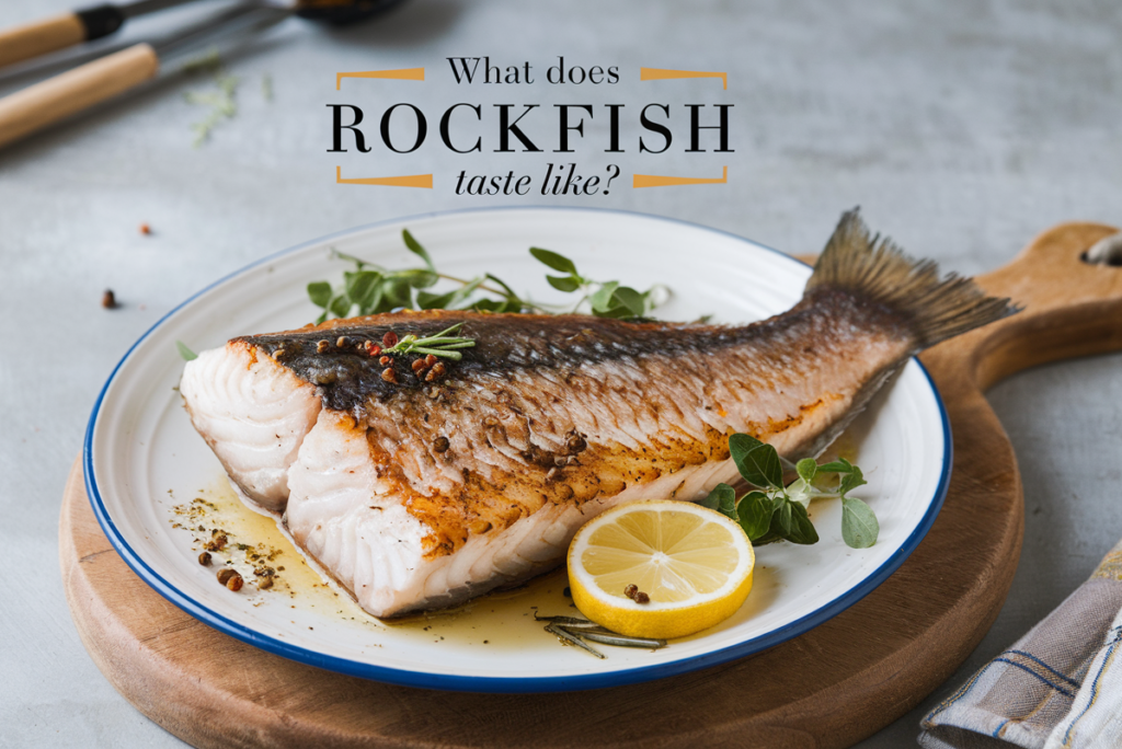 Cooked rockfish fillet with lemon slice, herbs, and spices on a rustic kitchen background.