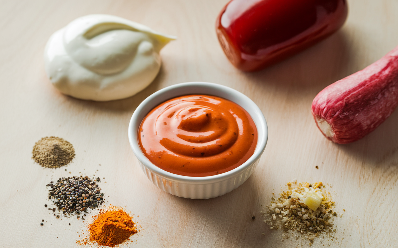 Close-up of a bowl of creamy Russian dressing surrounded by ingredients like mayonnaise, ketchup, horseradish, and spices on a light wooden surface.