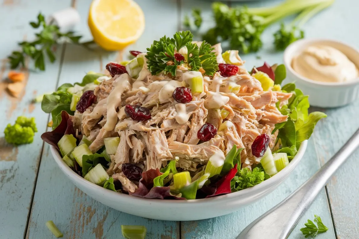 Appetizing turkey salad in a white bowl with shredded turkey, fresh greens, celery, and cranberries, garnished with parsley and creamy dressing on a rustic wooden table.