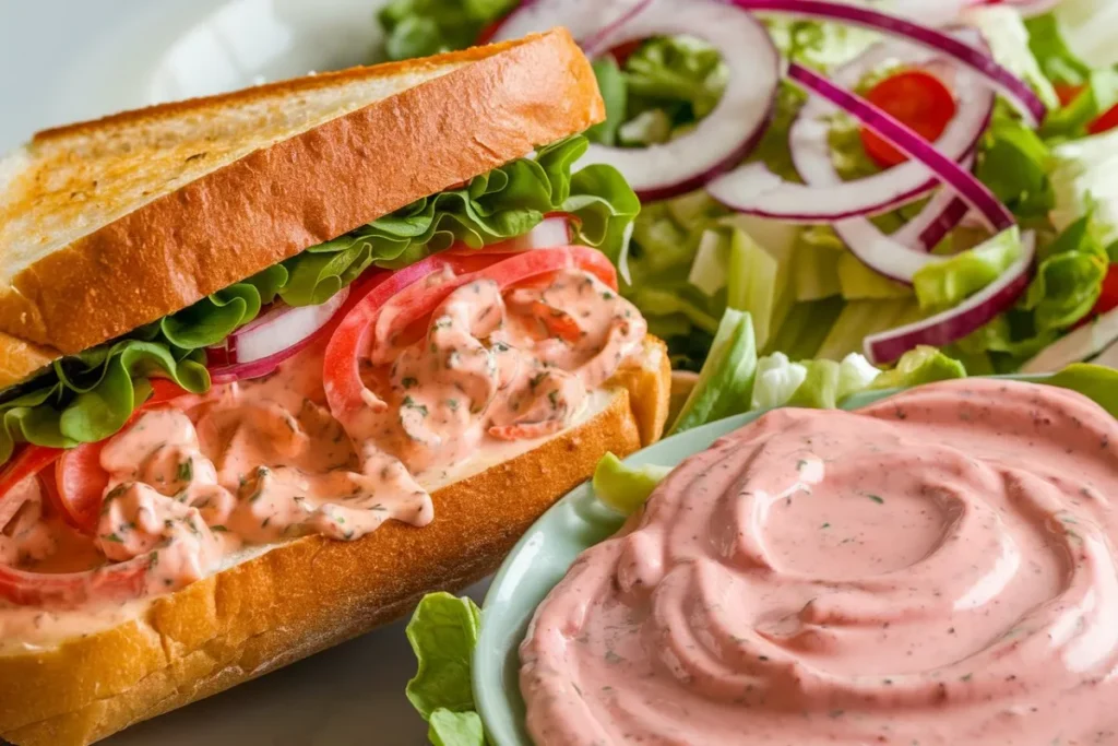 Side-by-side comparison of Russian and Thousand Island dressing in clear jars with salad and sandwich in the background, highlighting the differences in color and texture