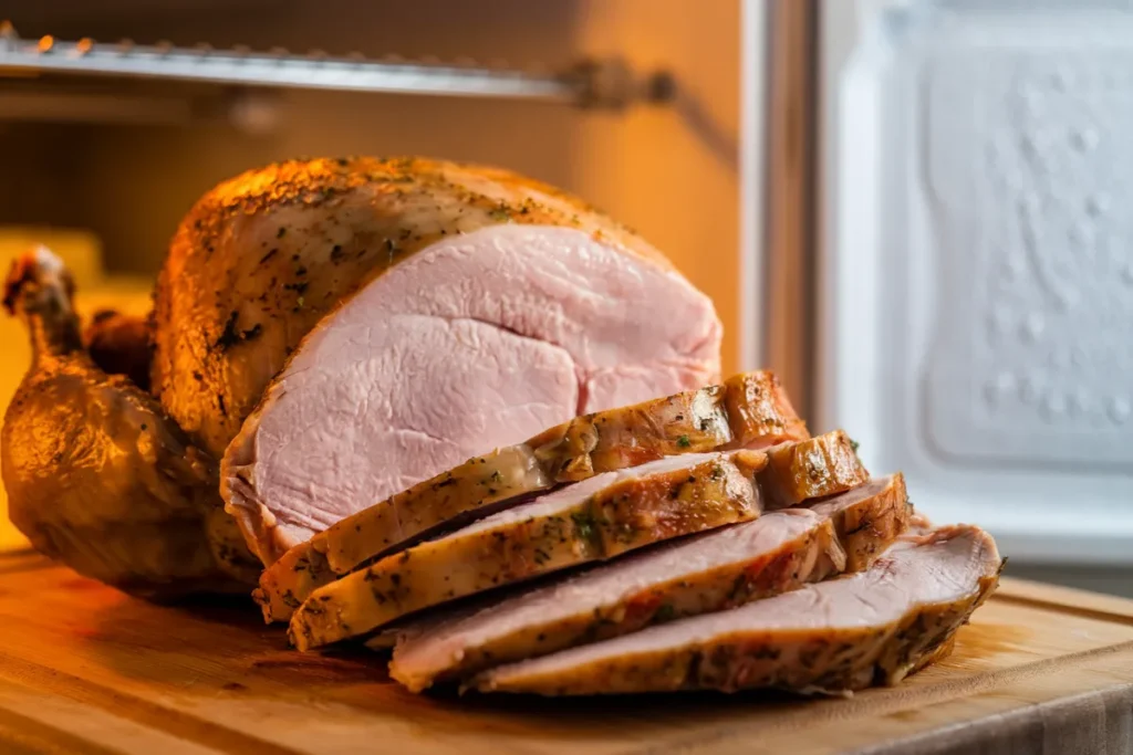 Close-up of sliced cooked turkey breast on a wooden cutting board with a freezer door in the background, symbolizing the freezing process