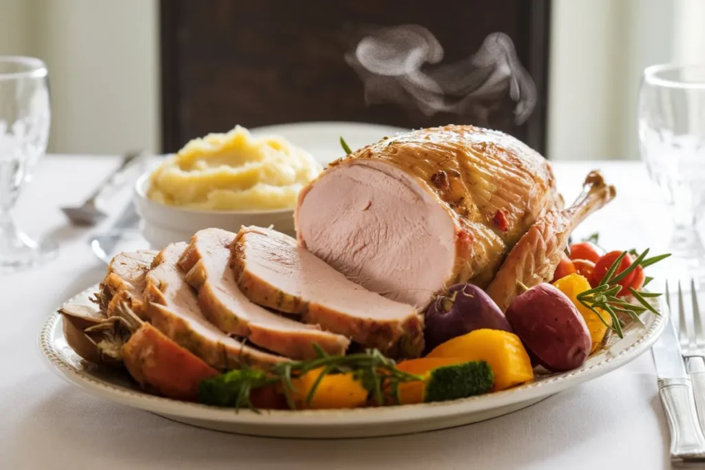 Plated reheated turkey breast served with roasted vegetables and mashed potatoes.