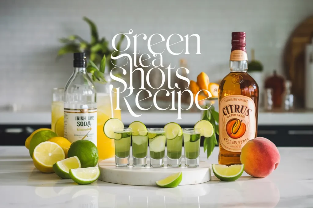 Green tea shots in clear shot glasses garnished with lime wedges, surrounded by ingredients like Irish whiskey, peach schnapps, and lemon-lime soda on a modern kitchen counter.