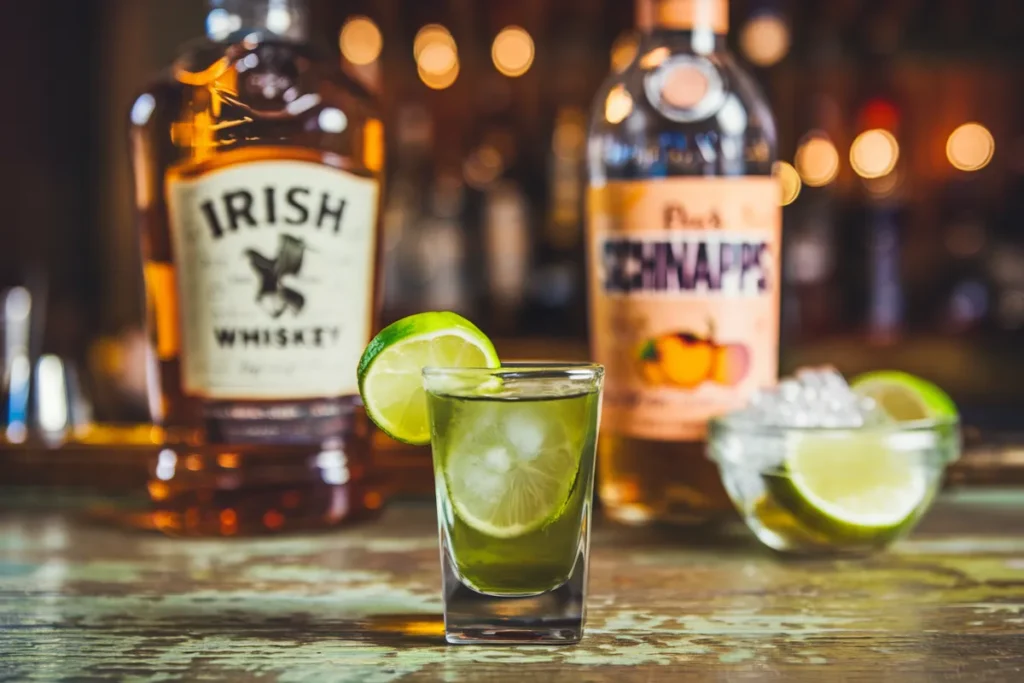 A close-up of a green tea shot in a shot glass garnished with a lime wedge, with bottles of whiskey and peach schnapps in the background on a rustic wooden bar top.