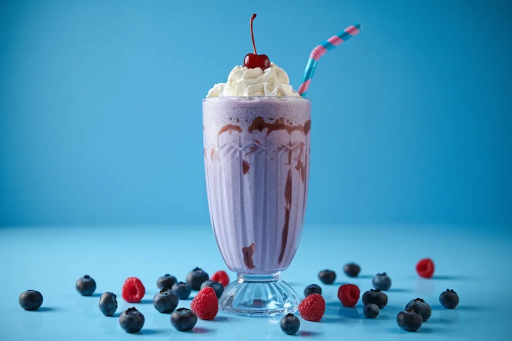 A tall glass of rich purple Grimace Shake topped with whipped cream and a cherry, surrounded by fresh blueberries and raspberries.