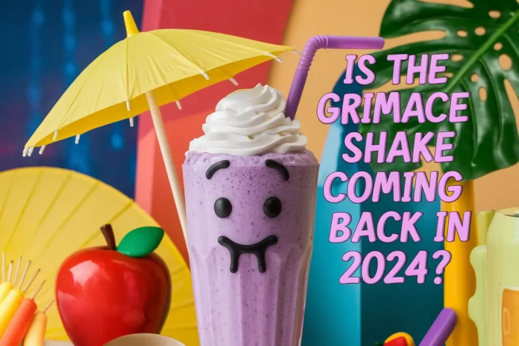 Bright purple Grimace Shake with a whimsical straw, surrounded by playful summer-themed elements, promoting the potential return of the Grimace Shake in 2024.