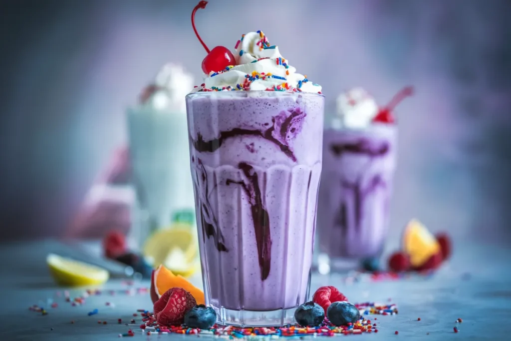 Close-up of a purple Grimace Shake topped with whipped cream and a cherry in a clear glass.