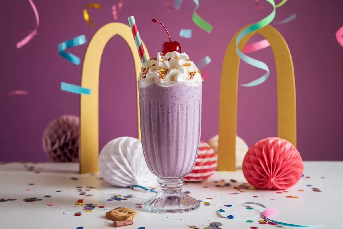 Purple Grimace Shake with McDonald's branding and celebratory decorations, hinting at its possible return in 2024