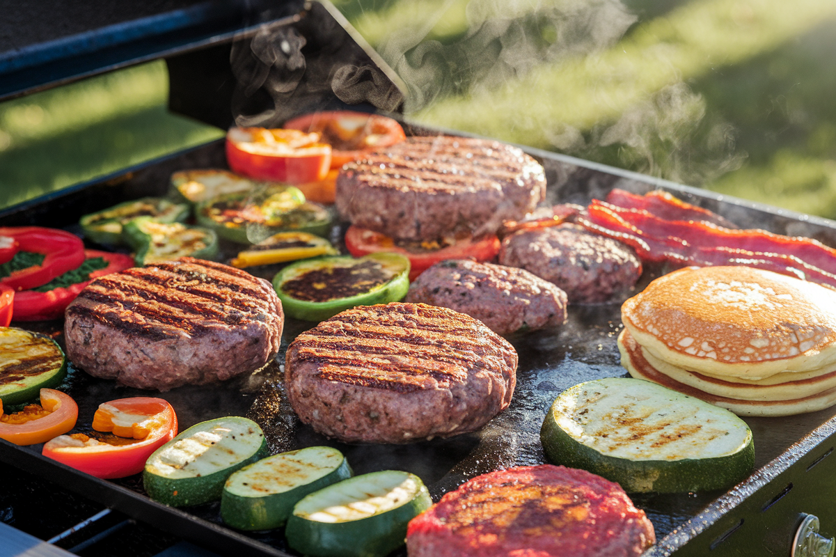 Close-up of a Blackstone griddle cooking burgers, pancakes, and vegetables in a backyard setting