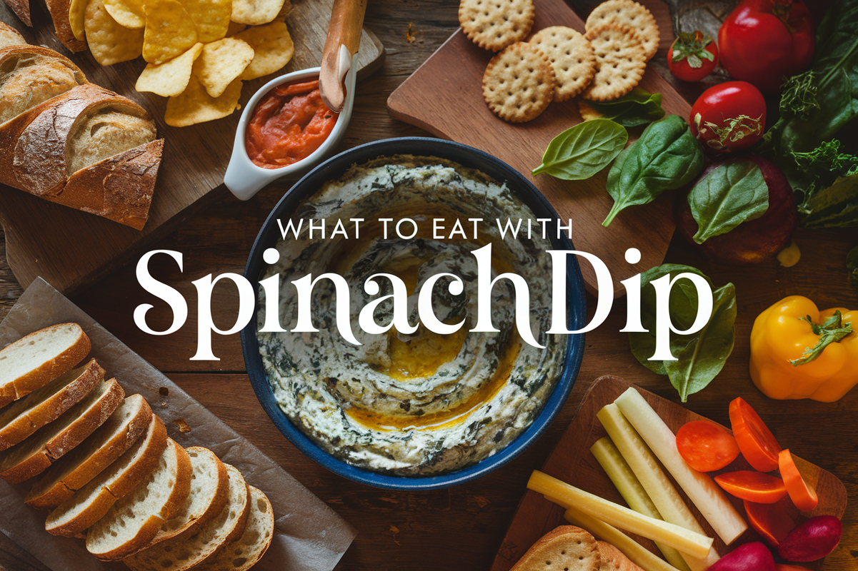 Top-down view of a bowl of spinach dip surrounded by sliced bread, crackers, fresh vegetables, and chips on a rustic wooden table.