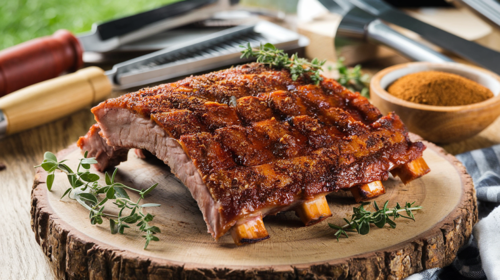 Perfectly grilled ribs with a rich rib rub recipe, served on a rustic wooden board, showcasing a caramelized crust and garnished with fresh herbs