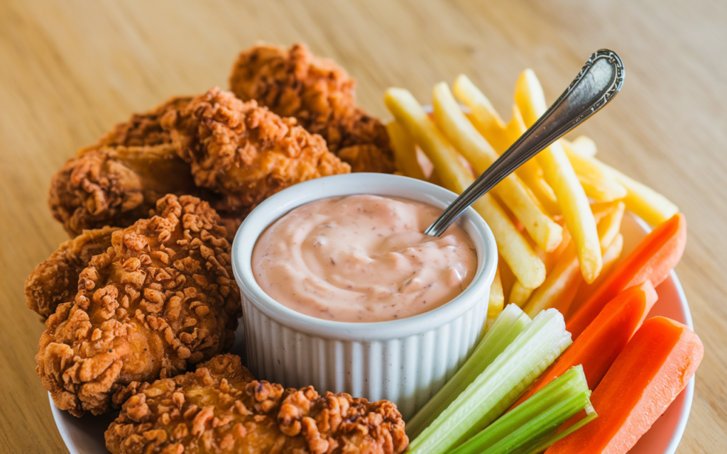 A bowl of creamy Cane’s Sauce surrounded by crispy chicken tenders, French fries, and dipping vegetables on a rustic wooden table