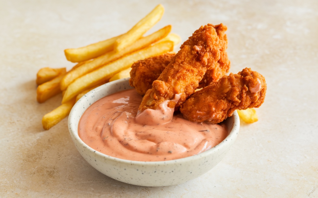 Close-up of Raising Cane's sauce in a small bowl with chicken tenders and fries