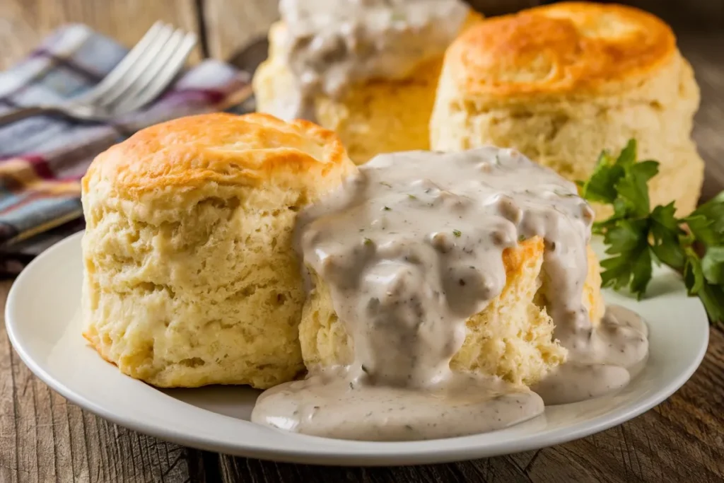 Fluffy homemade biscuits covered in creamy sausage gravy served on a rustic wooden table.