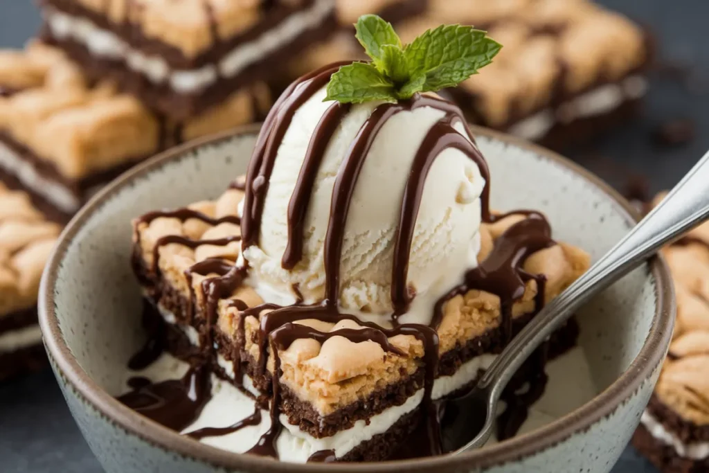 A brookie sundae with a square of brookie, vanilla ice cream, chocolate drizzle, and a mint garnish.