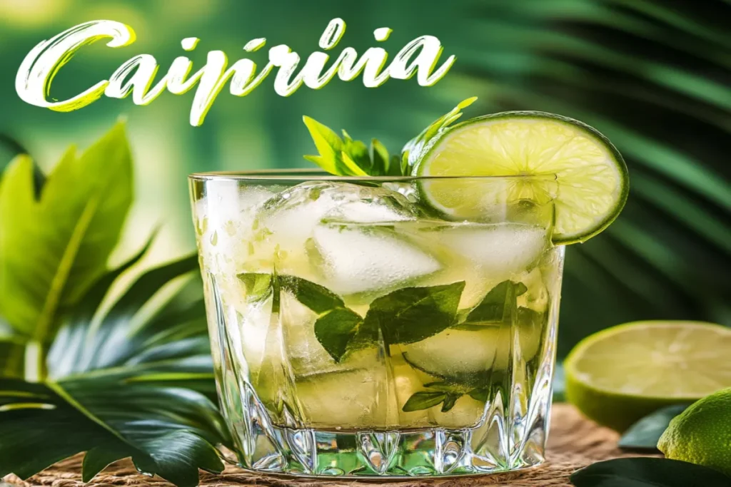 A glass of Caipirinha with lime and ice, set against a tropical backdrop.