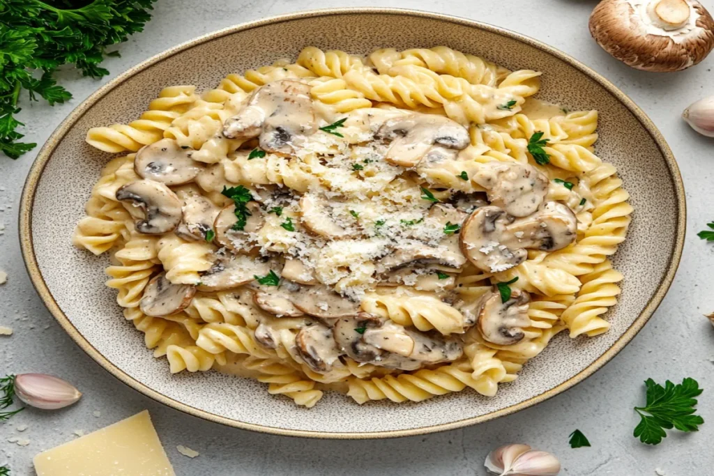 Plate of campanelle pasta with creamy mushroom sauce and fresh ingredients