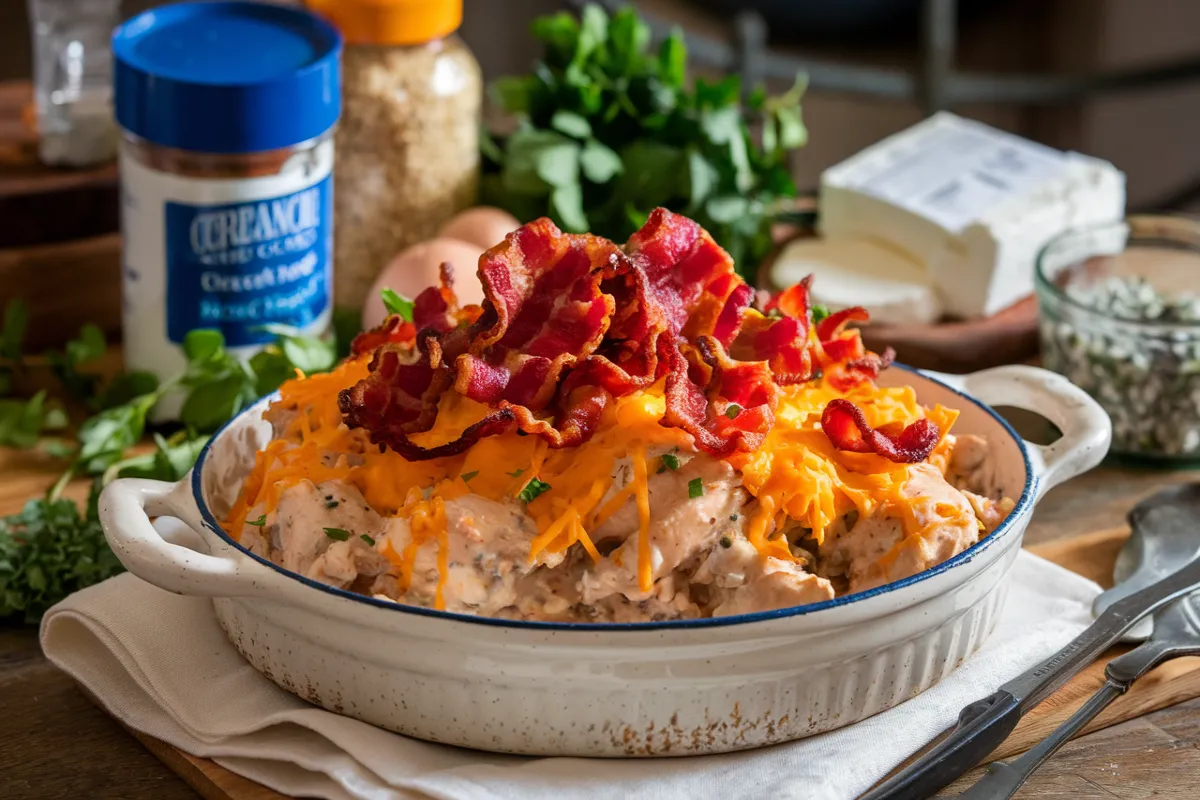 Plate of creamy crack chicken topped with crispy bacon and melted cheddar cheese in a rustic dish, surrounded by fresh ingredients on a wooden table.