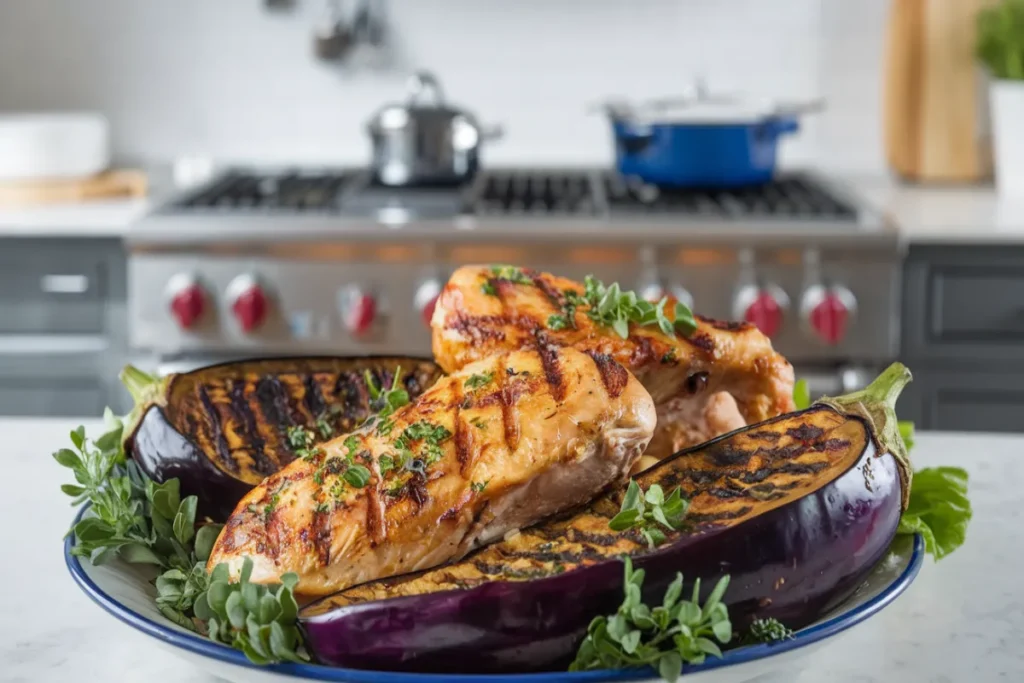 Delicious keto dish featuring grilled chicken and eggplant garnished with fresh herbs.