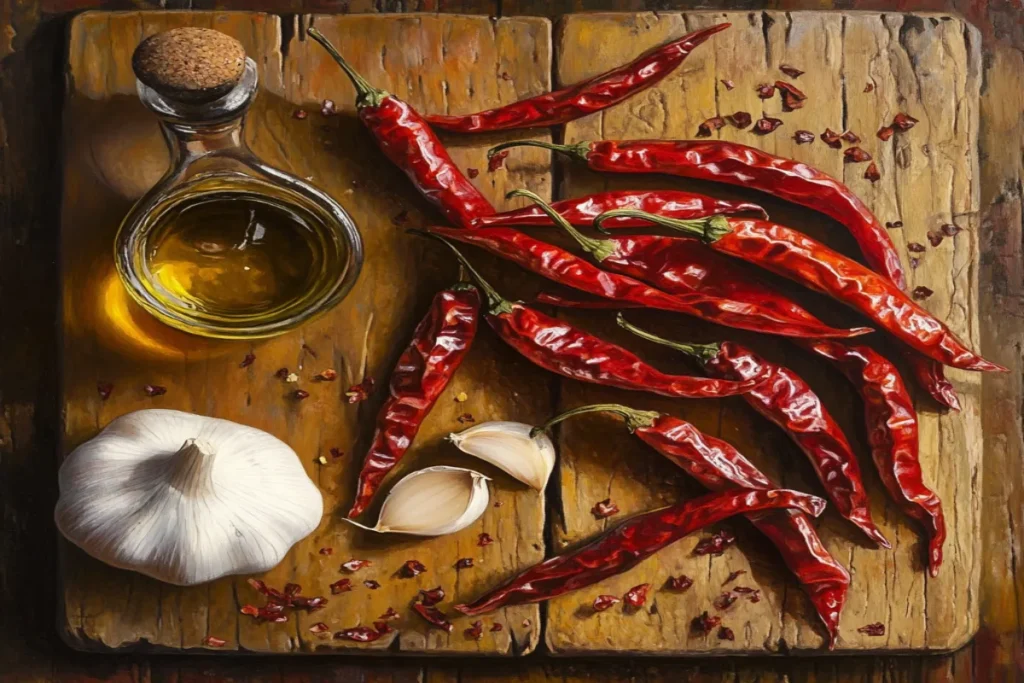 Close-up of fresh and dried chili peppers on a wooden board with olive oil and garlic