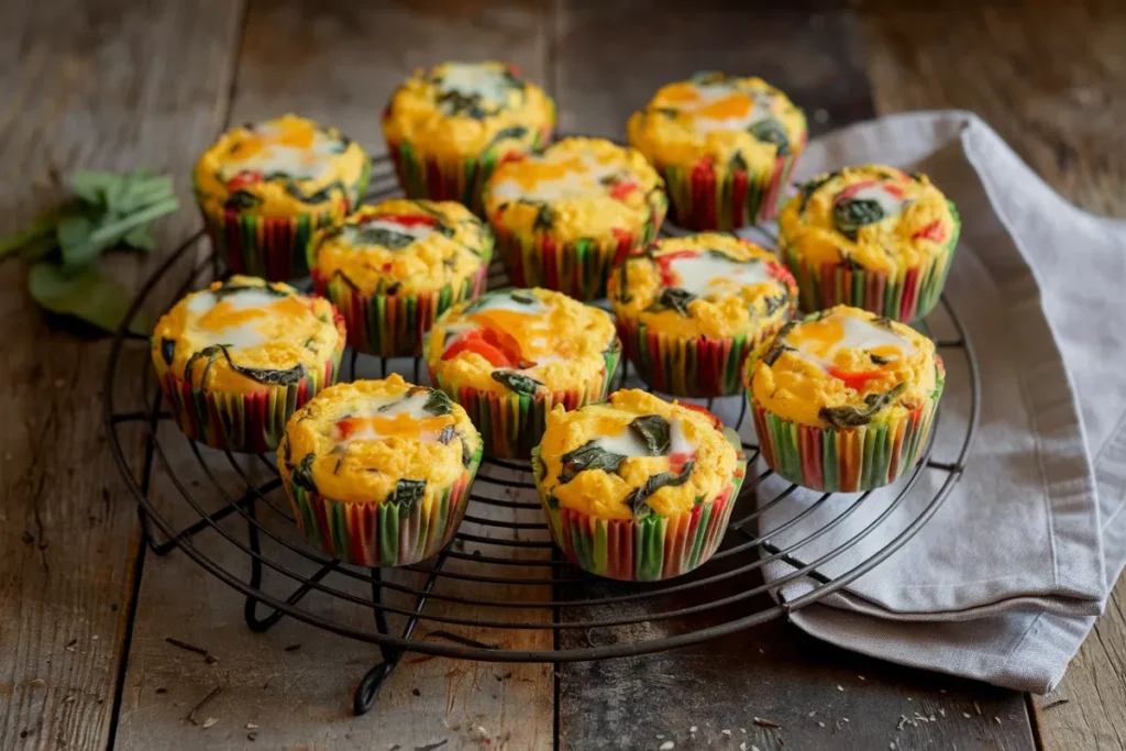 A batch of colorful egg muffins with spinach, bell peppers, and cheese, cooling on a rack on a rustic table.