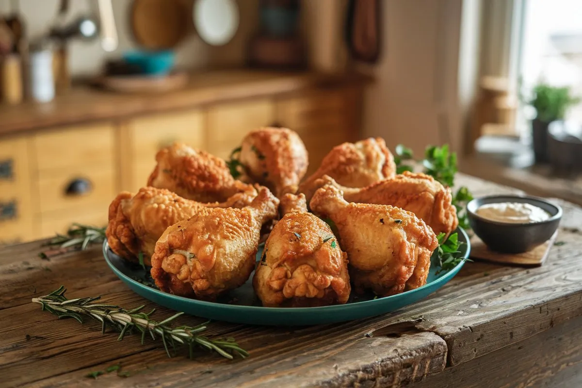 Plate of golden-brown crispy chicken drumsticks with herbs and dipping sauce on a rustic wooden table