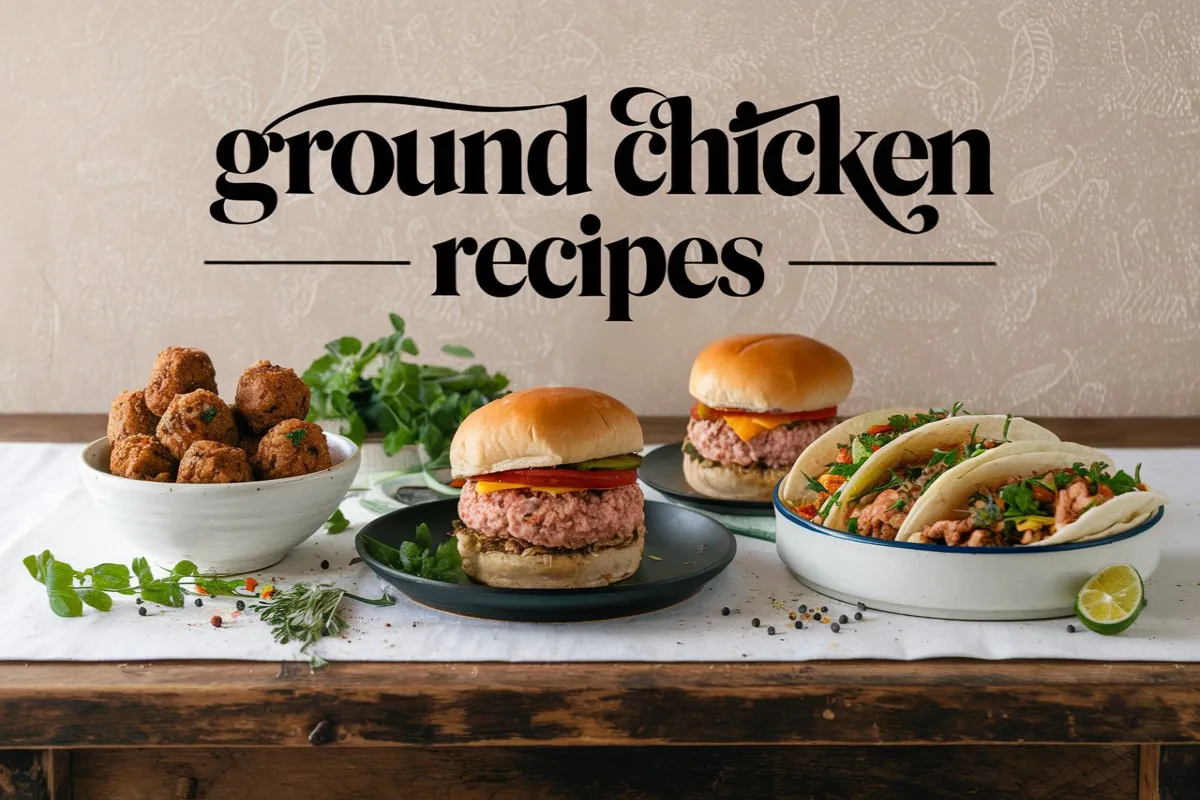 Featured image showcasing a variety of ground chicken dishes, including meatballs, burgers, and tacos, arranged on a rustic wooden table with fresh herbs and spices