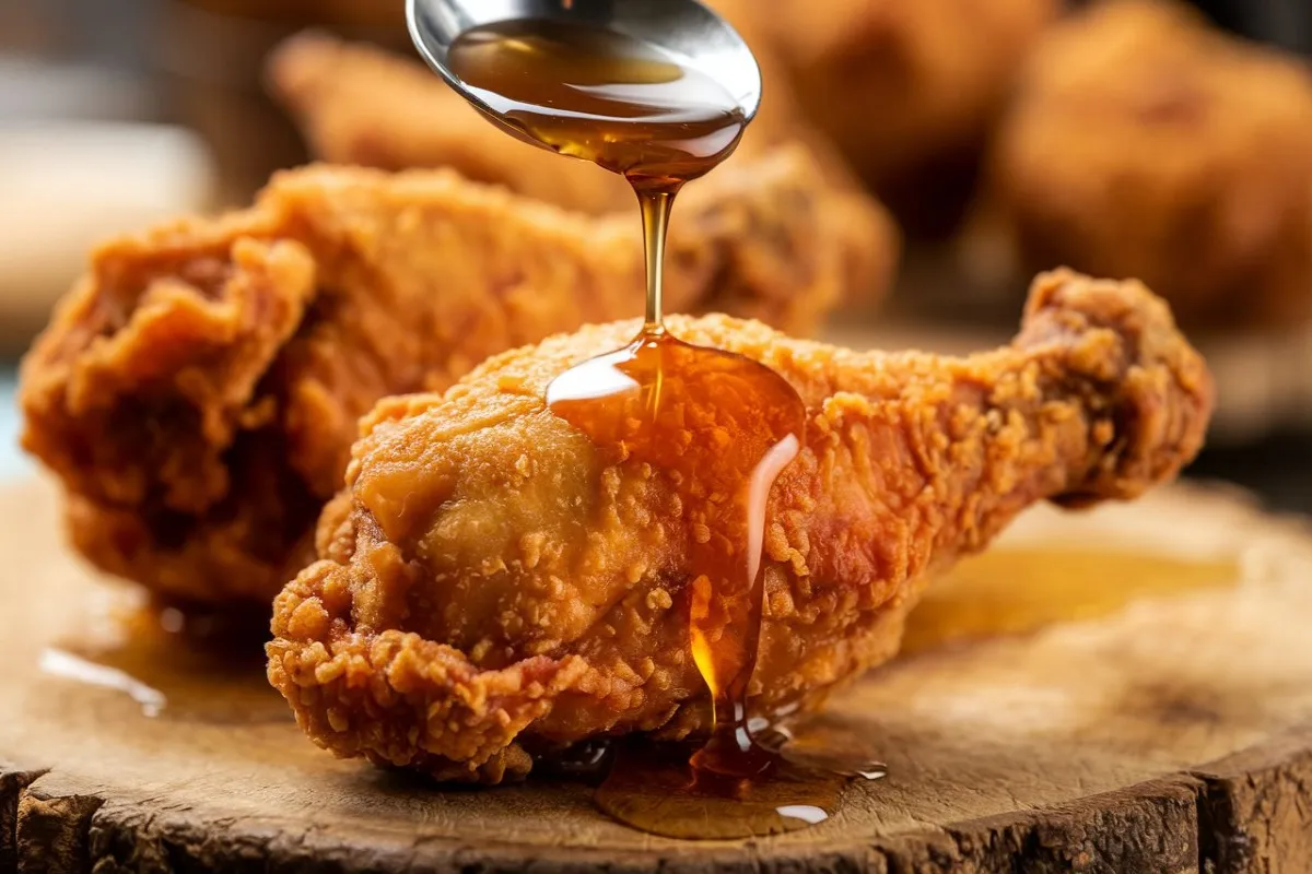 A jar of hot honey being drizzled over crispy fried chicken on a wooden board.