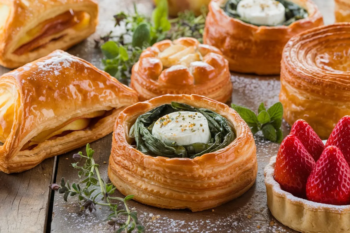 Assortment of puff pastry dishes including an apple turnover, spinach and feta parcel, and strawberry tart on a rustic wooden table.