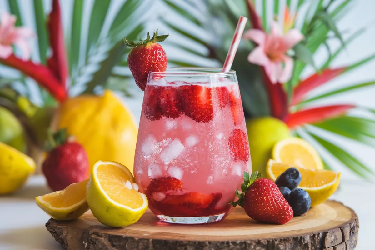 Glass of pink drink with strawberries and ice, surrounded by tropical fruits and flowers.