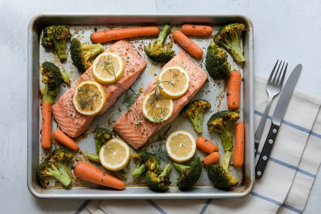 Baked salmon fillets with roasted broccoli and carrots, garnished with lemon and herbs, on a sheet pan.