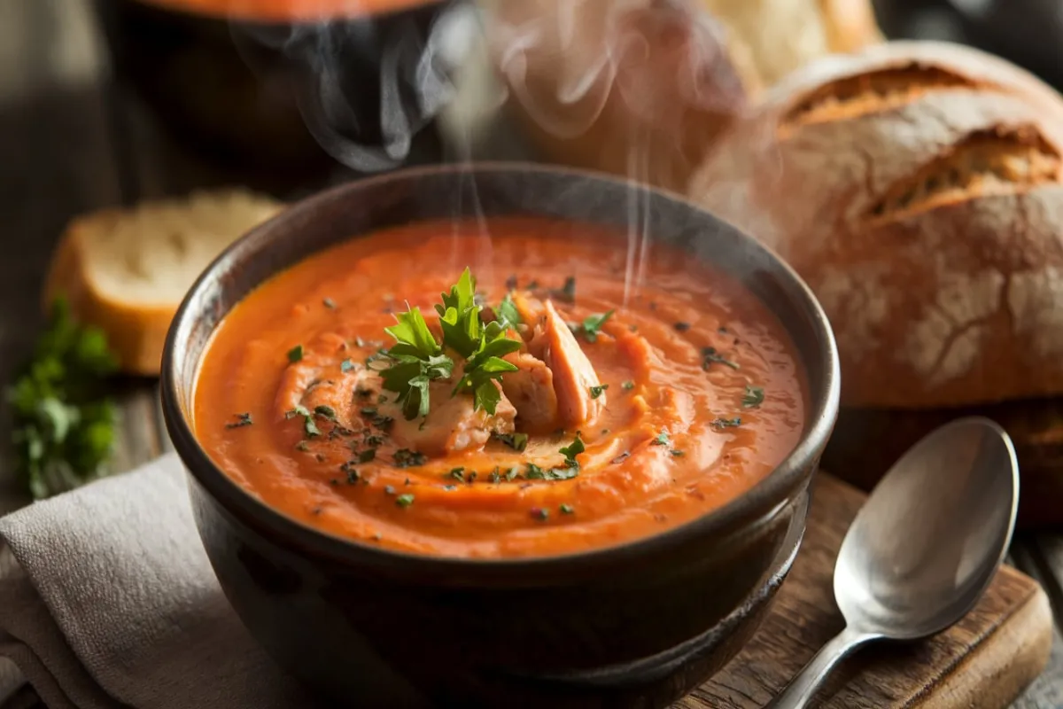 Steaming bowl of smoky chicken tomato bisque with fresh parsley garnish, served on a rustic wooden table with crusty bread.