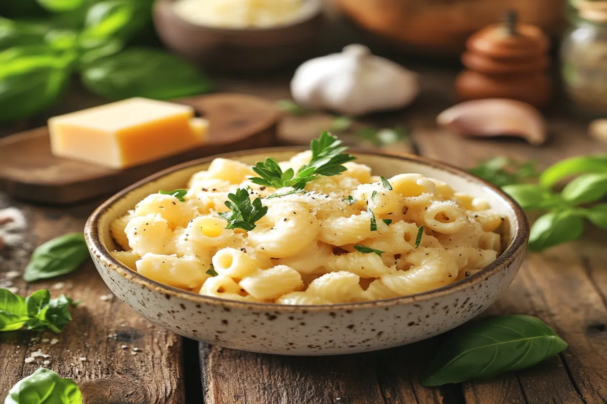 A bowl of Cavatappi pasta in creamy Alfredo sauce, garnished with parsley.